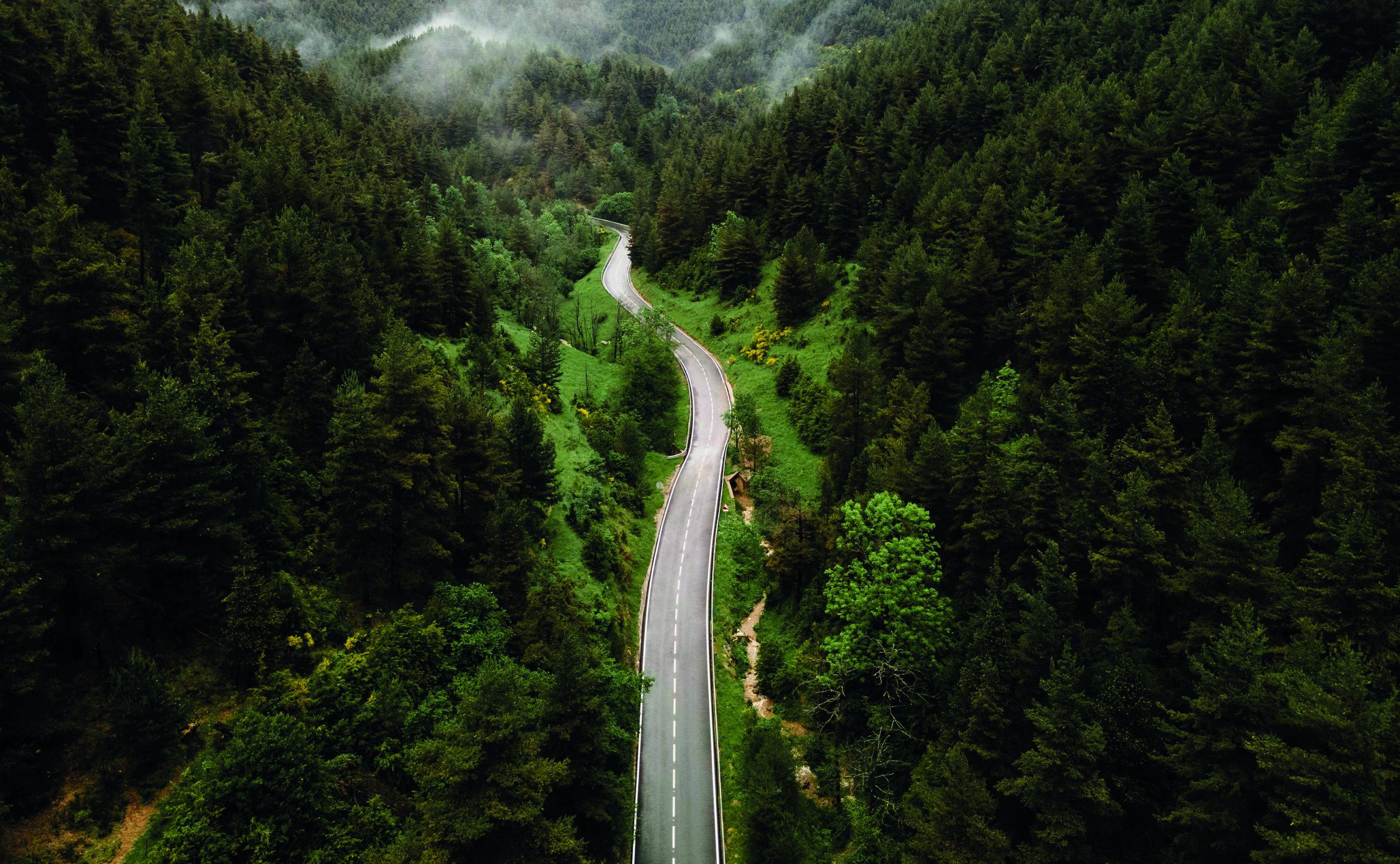 An aerial view of a road winding through misty forested hills